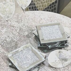 Gimorrto Crushed Diamond Crystal Glass Mirrored Square Coasters- White